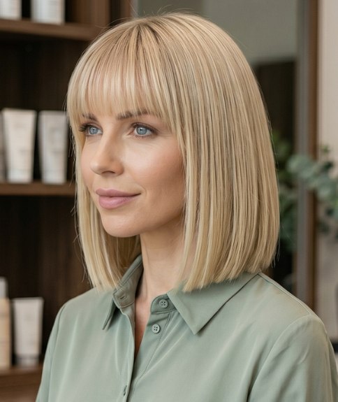 Just above the shoulders bob with bangs