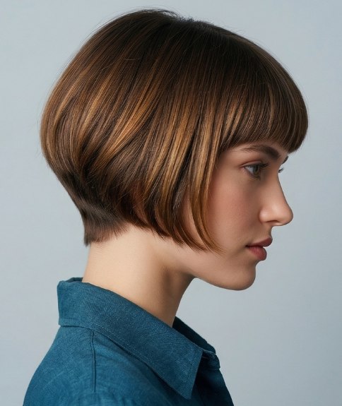 Short, just above the nape of the neck bob