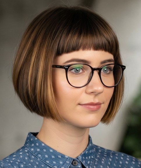 Classic chin-length bob, paired with glasses