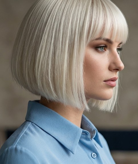 Blonde angled bob with a fringe