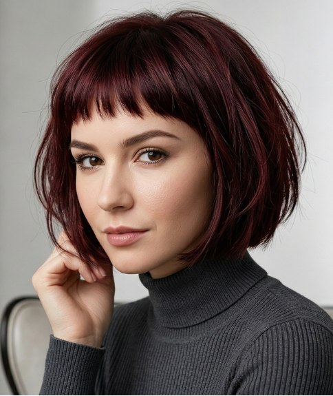 Burgundy chin-length bob with choppy ends