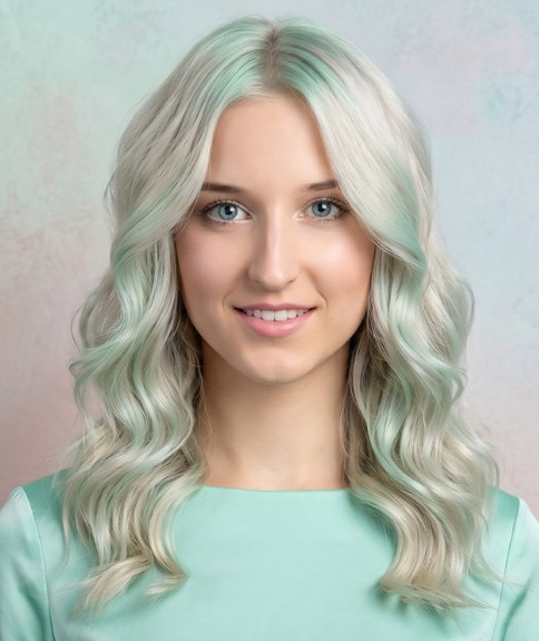 Long hairstyle with a blonde and mint green hair color combination