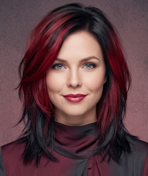 Black, just-below-the-shoulders hair with red streaks
