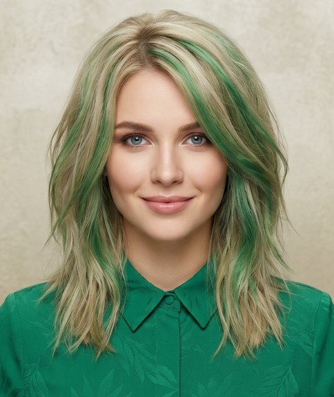 Long, blonde hair with green highlights
