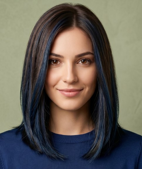 Long, dark brown hair with blue tones
