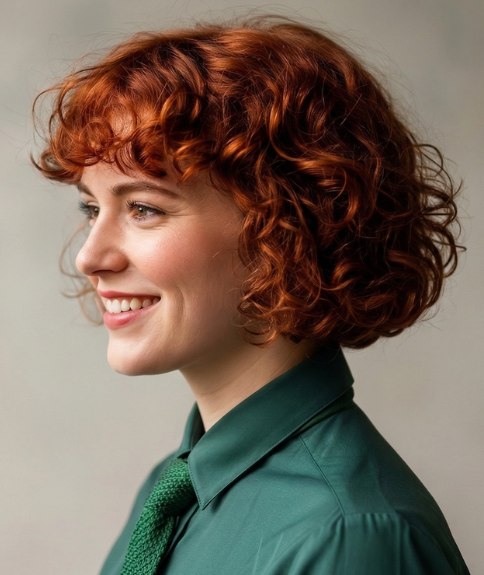 Curly, chin-length bob with a fringe