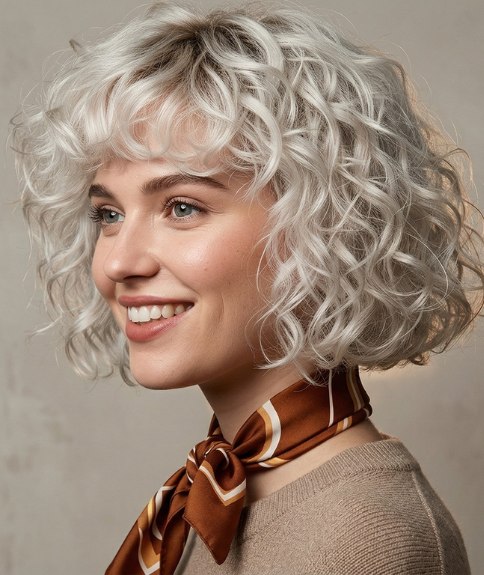 Platinum blonde bob with curls and a fringe