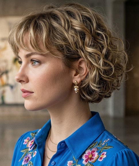 Just below the ears bob with soft curls