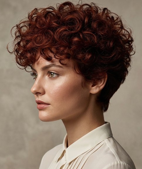 Very short hairstyle with curls and volume