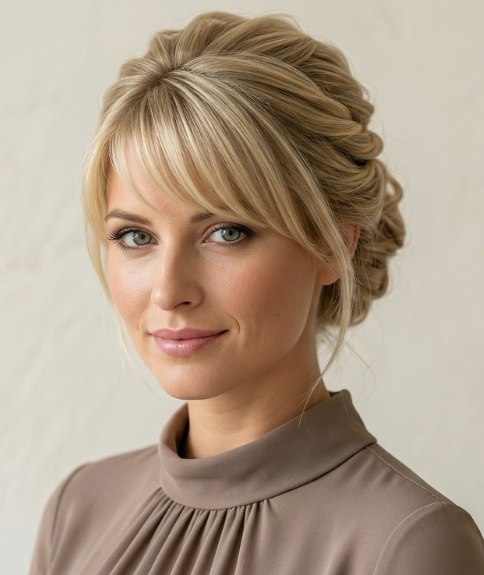 Updo with a long side-swept fringe