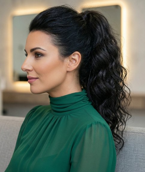 Long ponytail with wavy curls