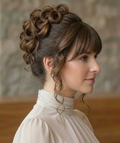 Hair in a romantic updo with a fringe