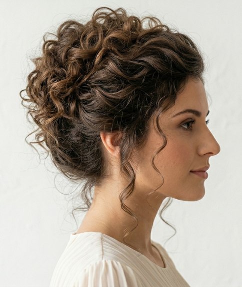 Updo with curls that pile on top of the head