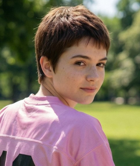 Woman with very short hair, wearing and American football jersey
