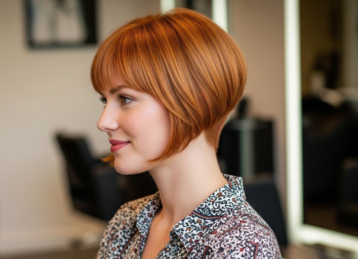Copper angled bob with clipper-cut hair at the nape