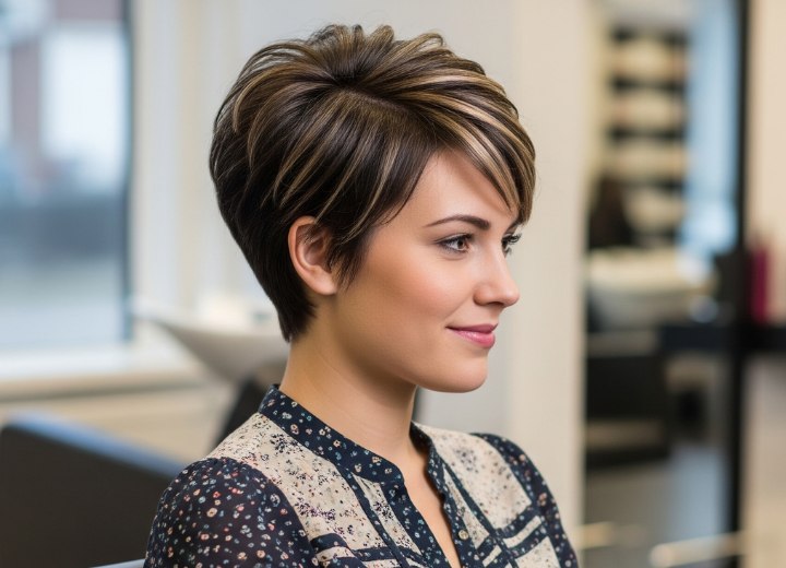 Multi-tonal pixie cut with lift at the crown