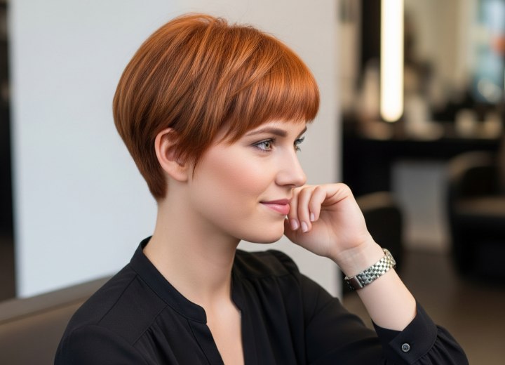 Sleek short hair with warm copper tones