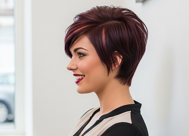 Pixie cut with an A-line silhouette and wine-inspired hue