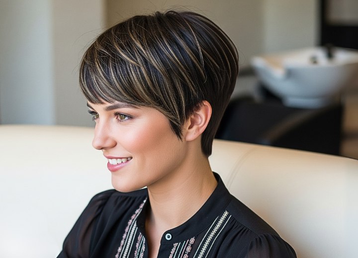 Dark pixie cut with volume and blonde highlights