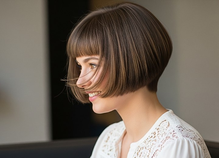Short bob with short straight-across bangs and lots of movement