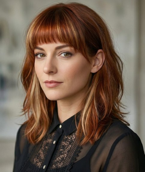 Long, straight hairstyle with a fringe