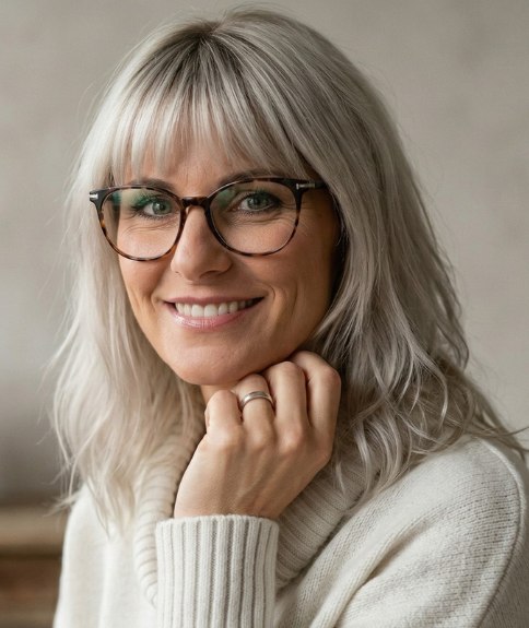 Loose, past the shoulders silver hair with a fringe