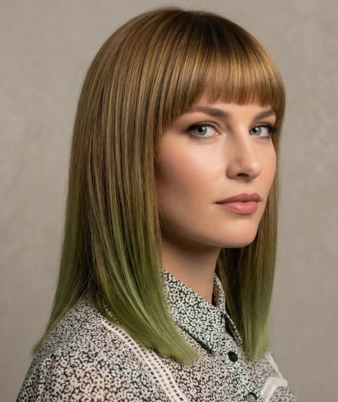 Long hair with a blunt fringe and green and brown hues
