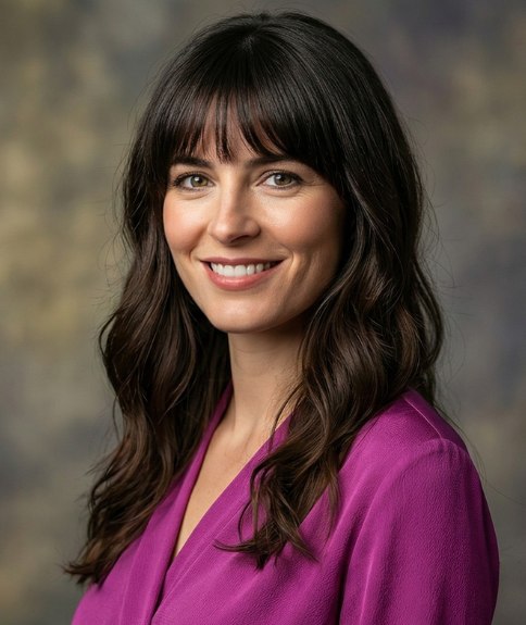 Long and wavy brown hair with bangs