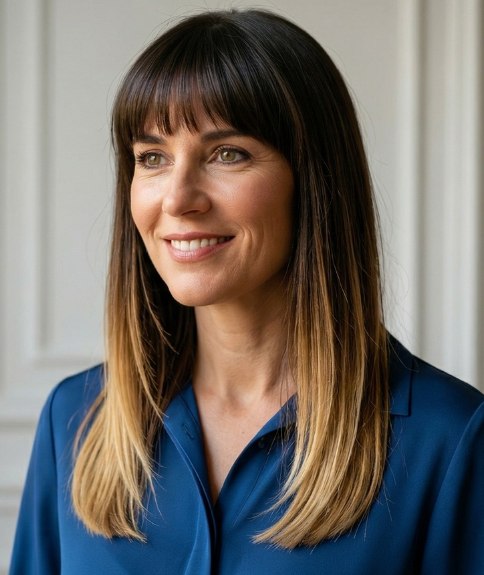 Natural-looking long hair with straigth bangs