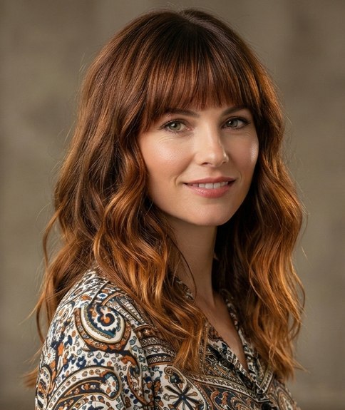 Long, bouncy hair with soft bangs