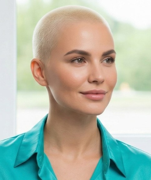 Woman with platinum blonde hair in a buzz cut