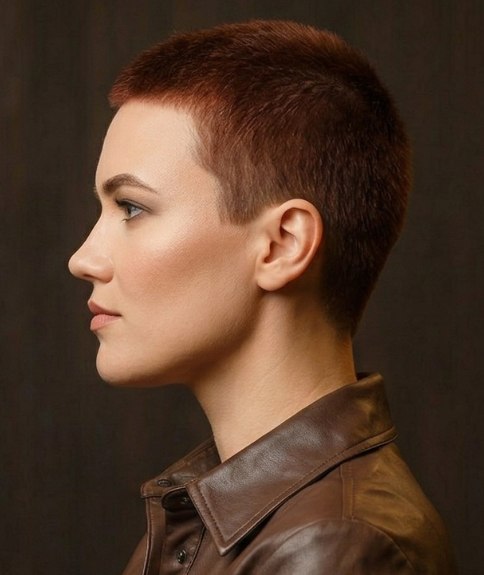 Very short hair with an uniform length for women