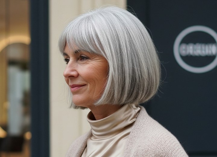 Chin-length bob for women with gray hair