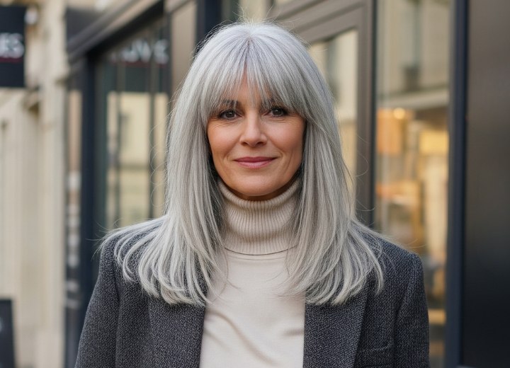 Long hairstyle with bangs for gray hair