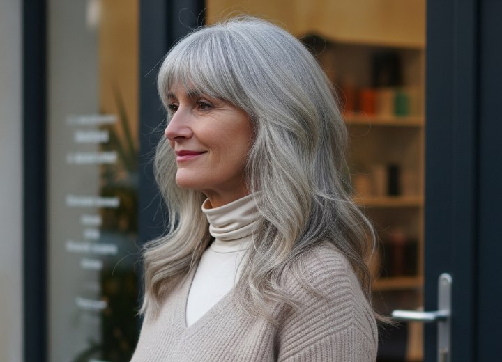 Long hairstyle for gray hair, with bangs and waves