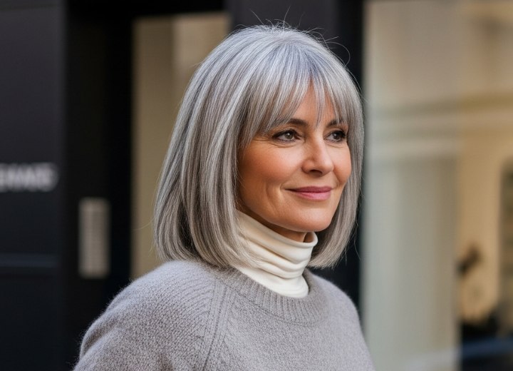 Long shoulder-length bob for gray hair