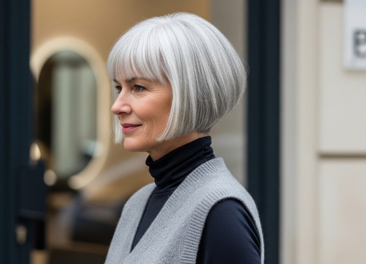 Angled chin-length bob for gray hair