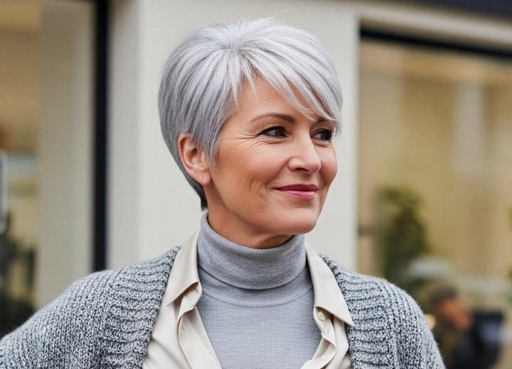 Soft pixie cut for gray hair