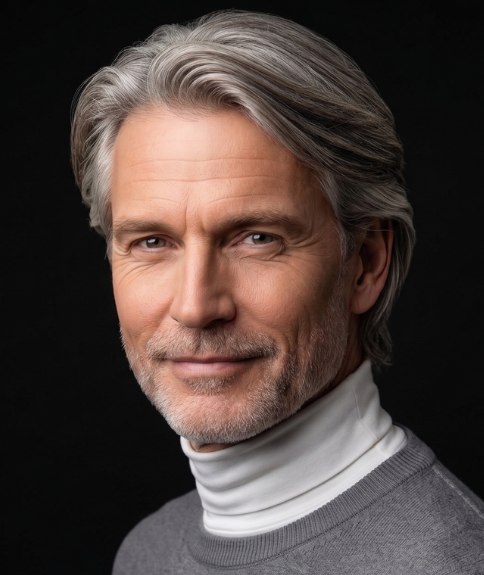 Look for men with medium-length, gray hair