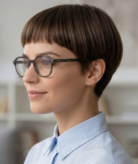 Sophisticated short hair, paired with glasses
