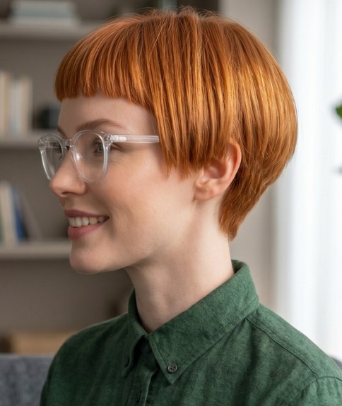 Striking short hair, paired with glasses