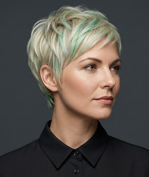 Short blonde hair with mint-green streaks