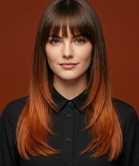 Long brown hair with a copper balayage