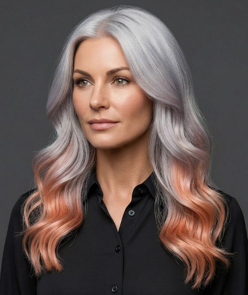 Long silver hair with peach-rose ends