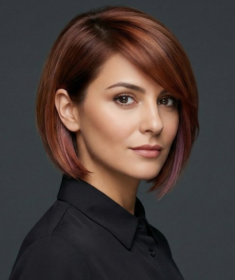 Bob for red-brown hair with violet highlights