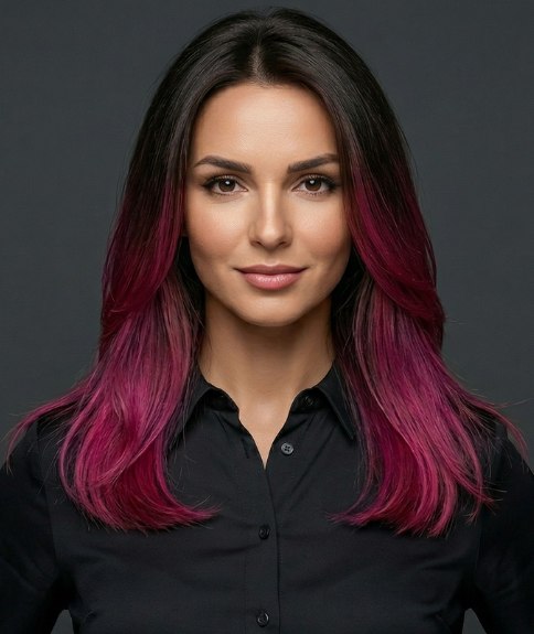 Long, dark hair with fuchsia ends