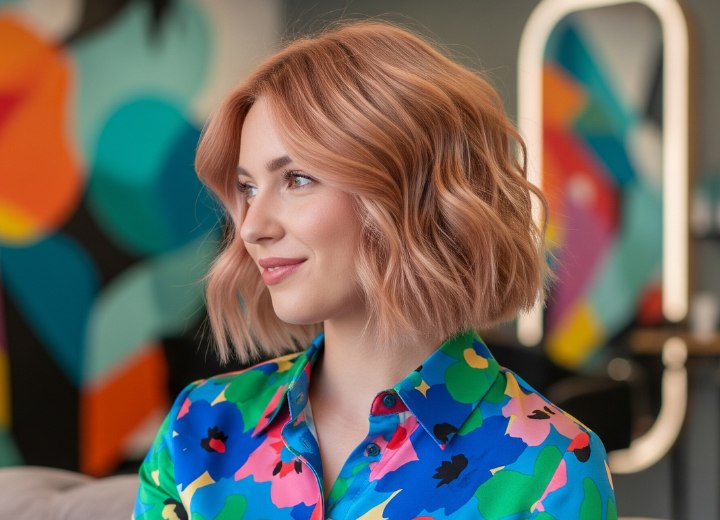 Strawberry blonde hair in an angled bob