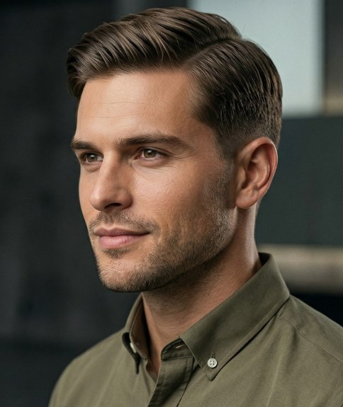 Men's hairstyle with a deep side part