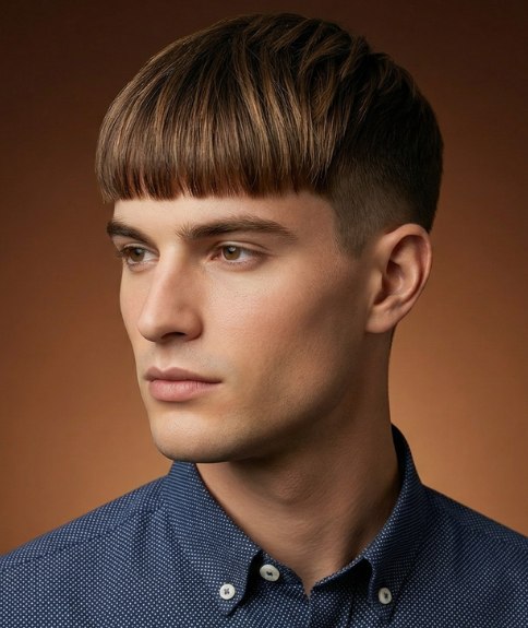Men's haircut with short sides and a blunt fringe