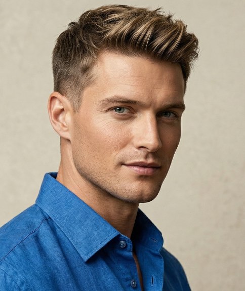 Men's cut with short sides and length on top